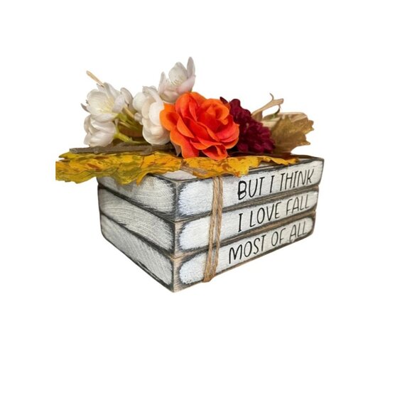 Fall-Themed Wooden Book Stack Decor With Faux Flowers & Quote - Picture 2 of 8